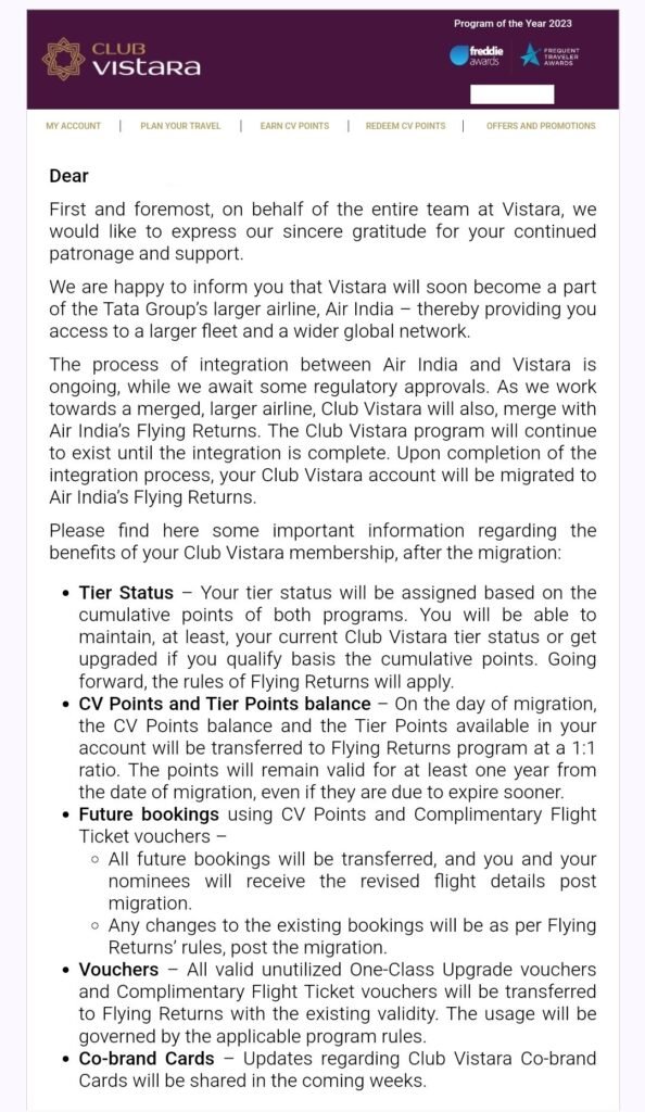 Club Vistara and Air India's Flying Returns merging Initiated