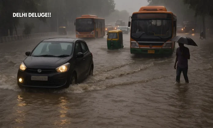 Red Alert in Delhi-NCR Heavy Rainfall Sparks Waterlogging Chaos Across the Capital